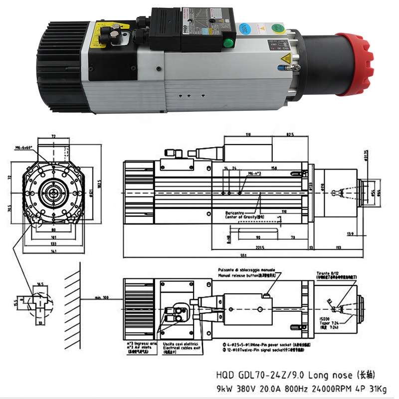 Spindle Motor - มอเตอร์แกนหมุน HQD 9kw 220v 380v แบบหัวยาว